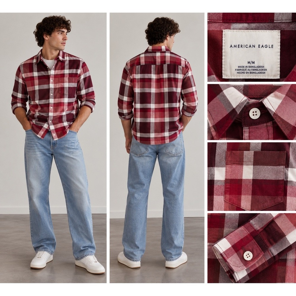 American Eagle Mens Plaid Long Sleeve Button Down Shirt Red White Size M